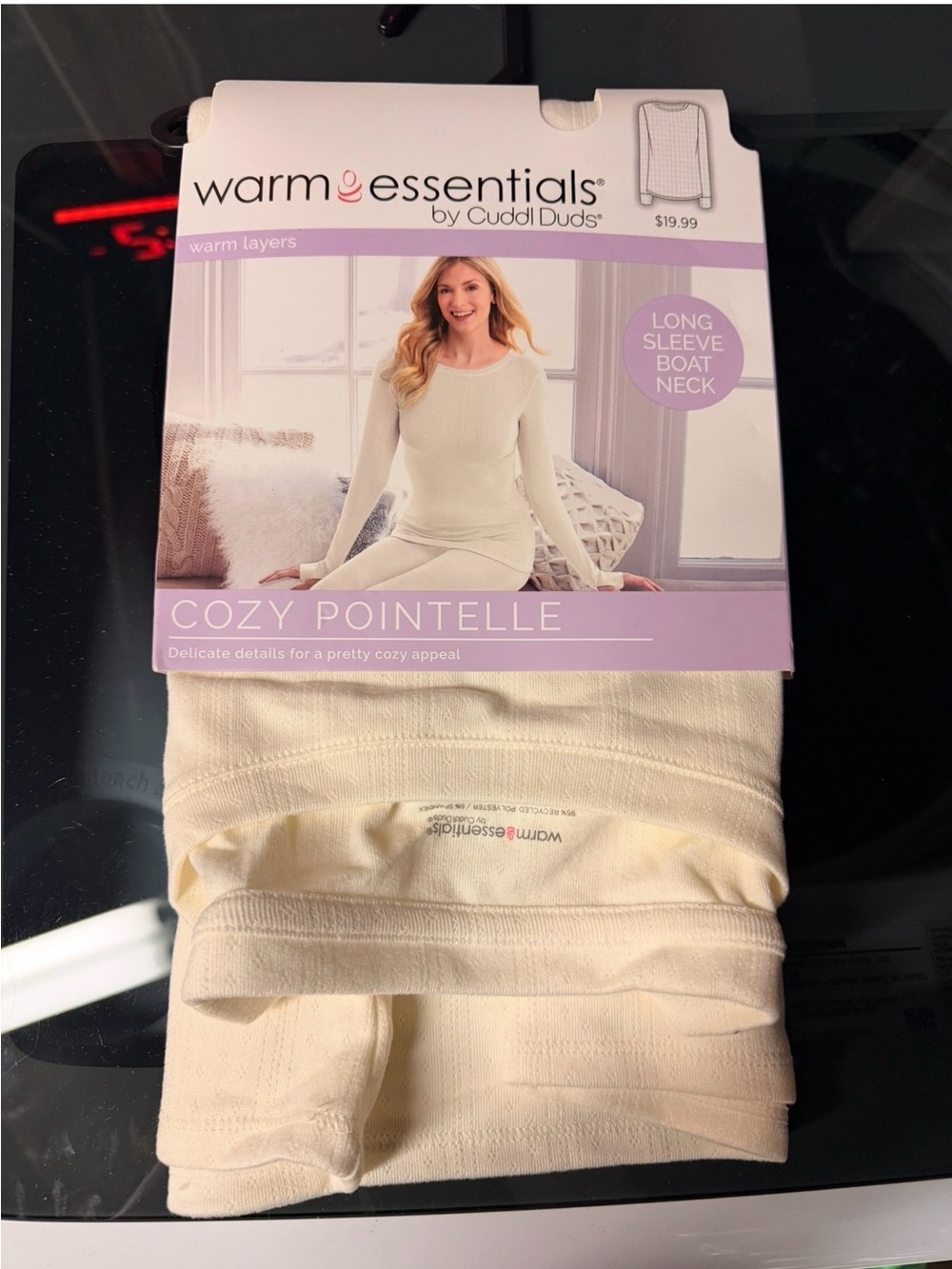 Cuddl Duds Cozy Pointelle Long Sleeve Boat Neck Top - Cream